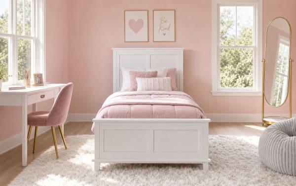 A cozy pink-themed bedroom with a white wooden twin bed, soft pink bedding, a white desk with a pink velvet chair, and a full-length gold-framed mirror.